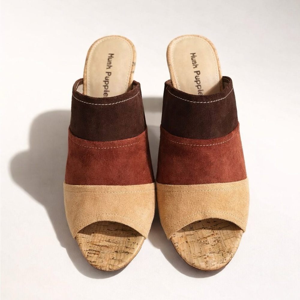 Hush Puppies Women’s Mora Malia Tri-Colored Suede Peep-toe heeled Mules - Picture 2 of 8
